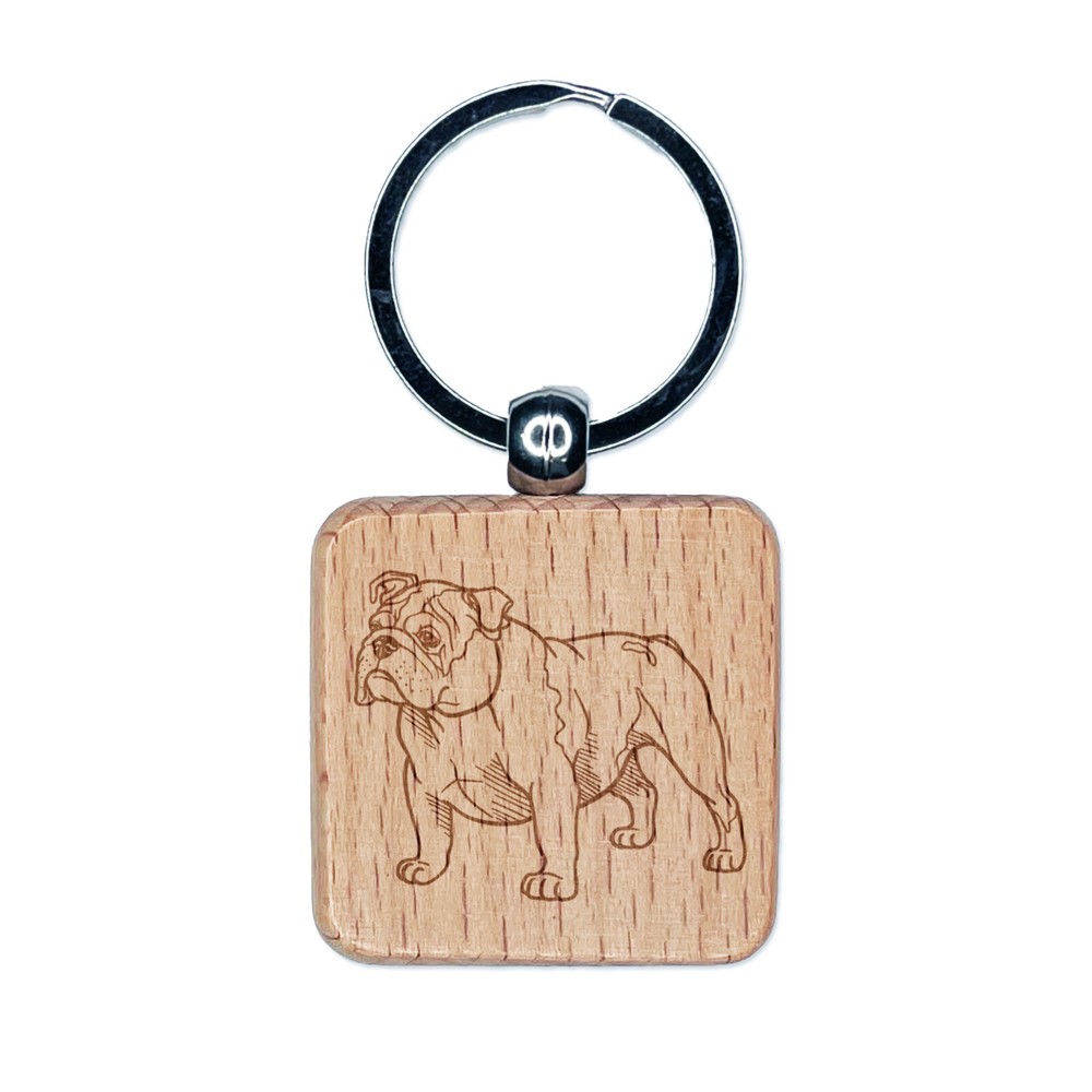 Gentle English Bulldog Pet Dog Engraved Wood Square Keychain Tag Charm