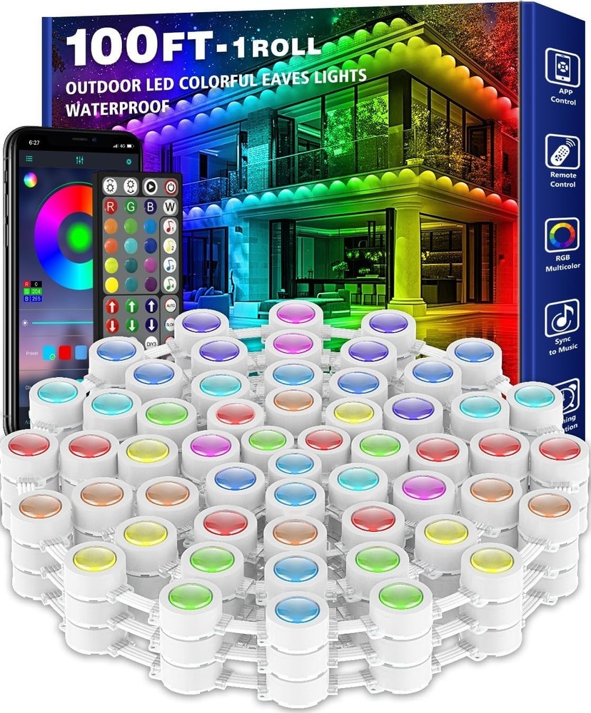 100FT Permanent Outdoor RGB Lights,Waterproof Smart LED Eaves Lights