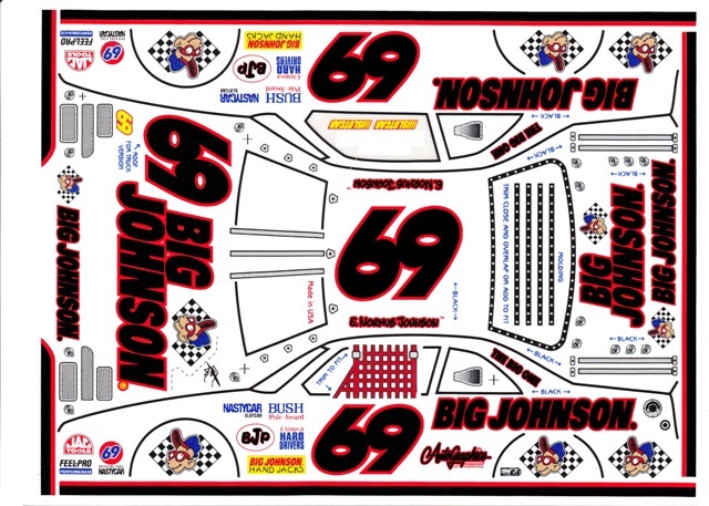 #69 E. Normus Big Johnson Black #s 1/64th  HO Scale Slot Car Waterslide Decals