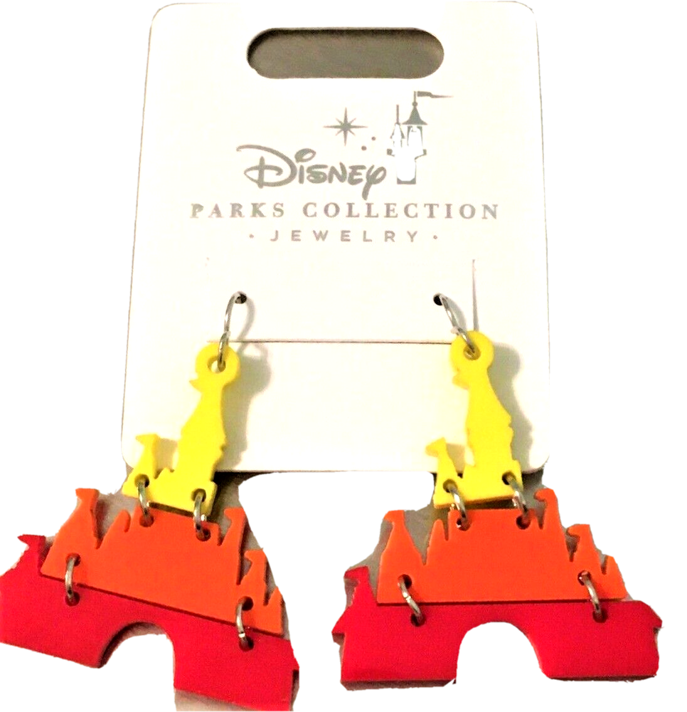 Disney Parks Collection Acrylic Dangle Castle Earrings Yellow Orange Red