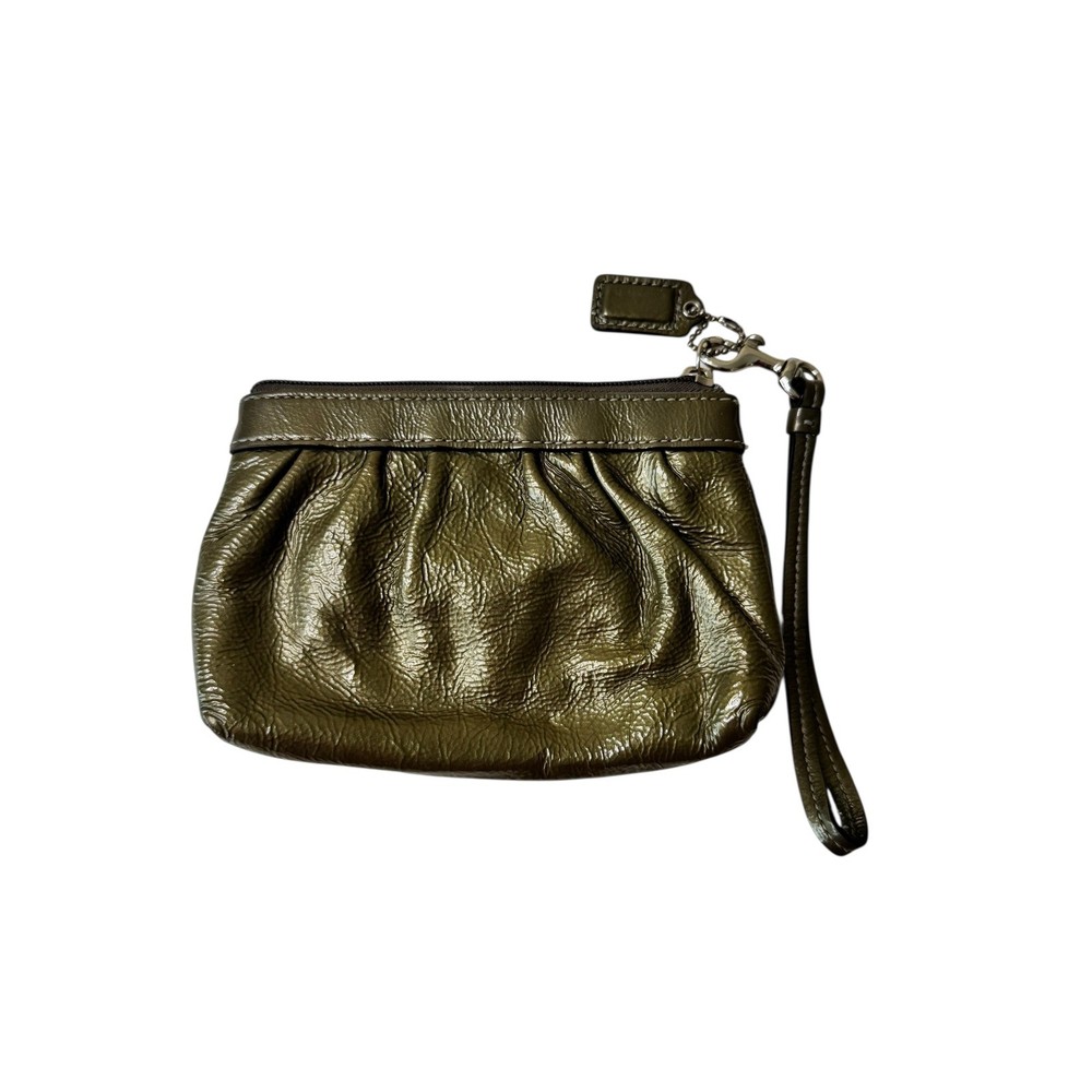 Coach Patent Leather Wristlet Pouch Olive Green Ruched Wallet