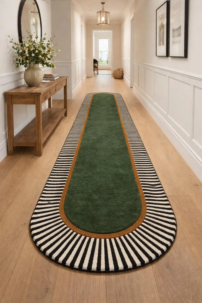 Hand-Tufted Modern Runner Carpet with Green Center & Striped Border