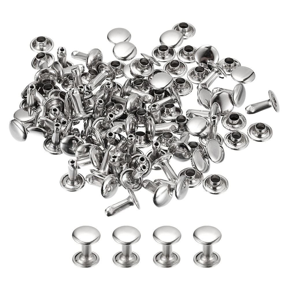 100 Sets Leather Rivets, 8mm Double Cap Rivets 10mm Height Studs, Silver Tone