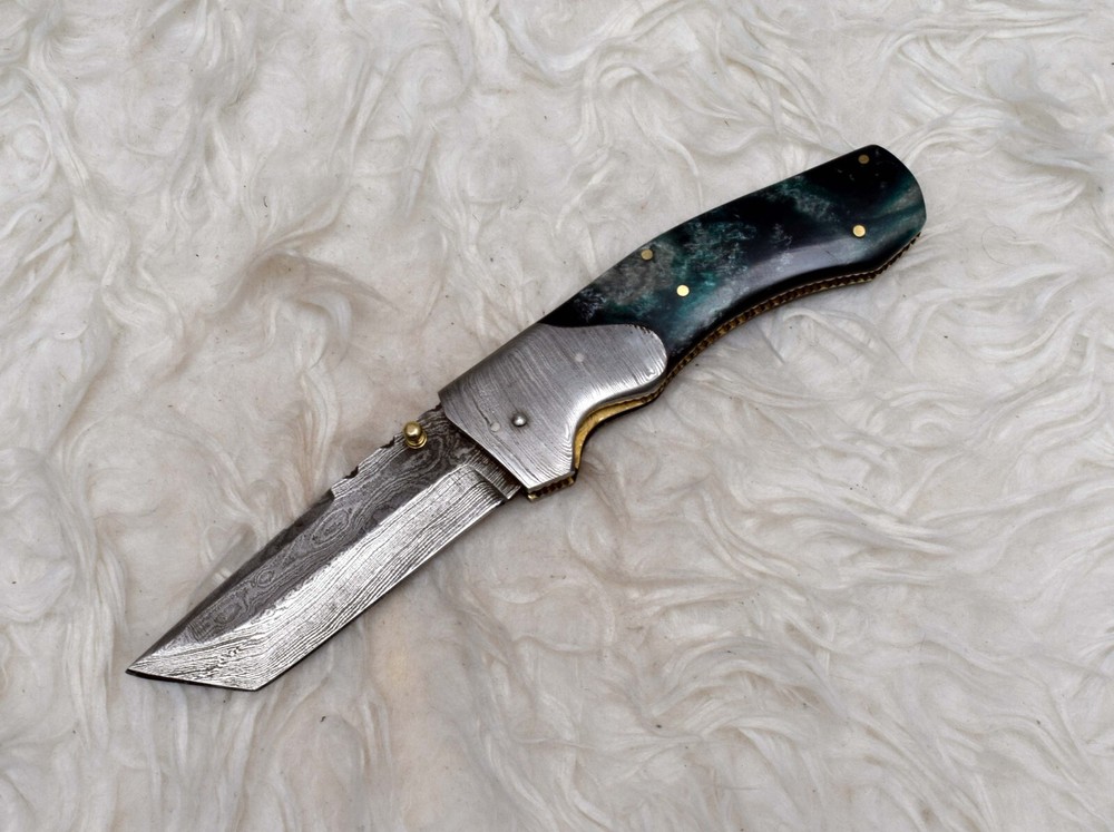 Damascus handmade Liner Lock Folding Pocket knife Camping Hunting Knife # H-1087