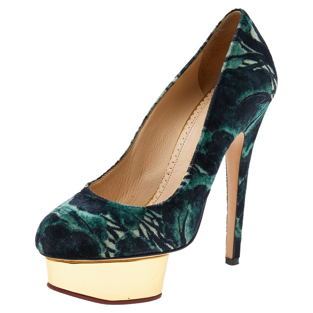 Charlotte Olympia Green Velvet Dolly Platform Pumps Size 36