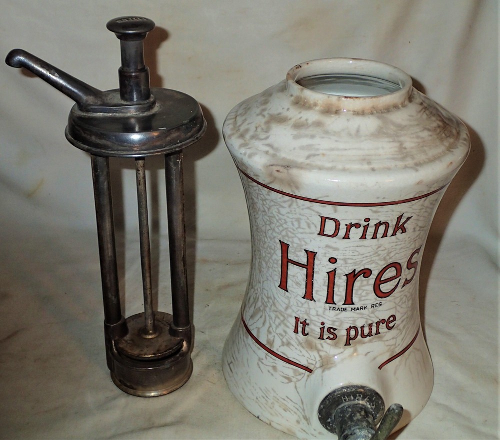 ANTIQUE HIRES ROOT BEER SODA SYRUP STONEWARE DISPENSER ICE CREAM SHOP SIGN PUMP