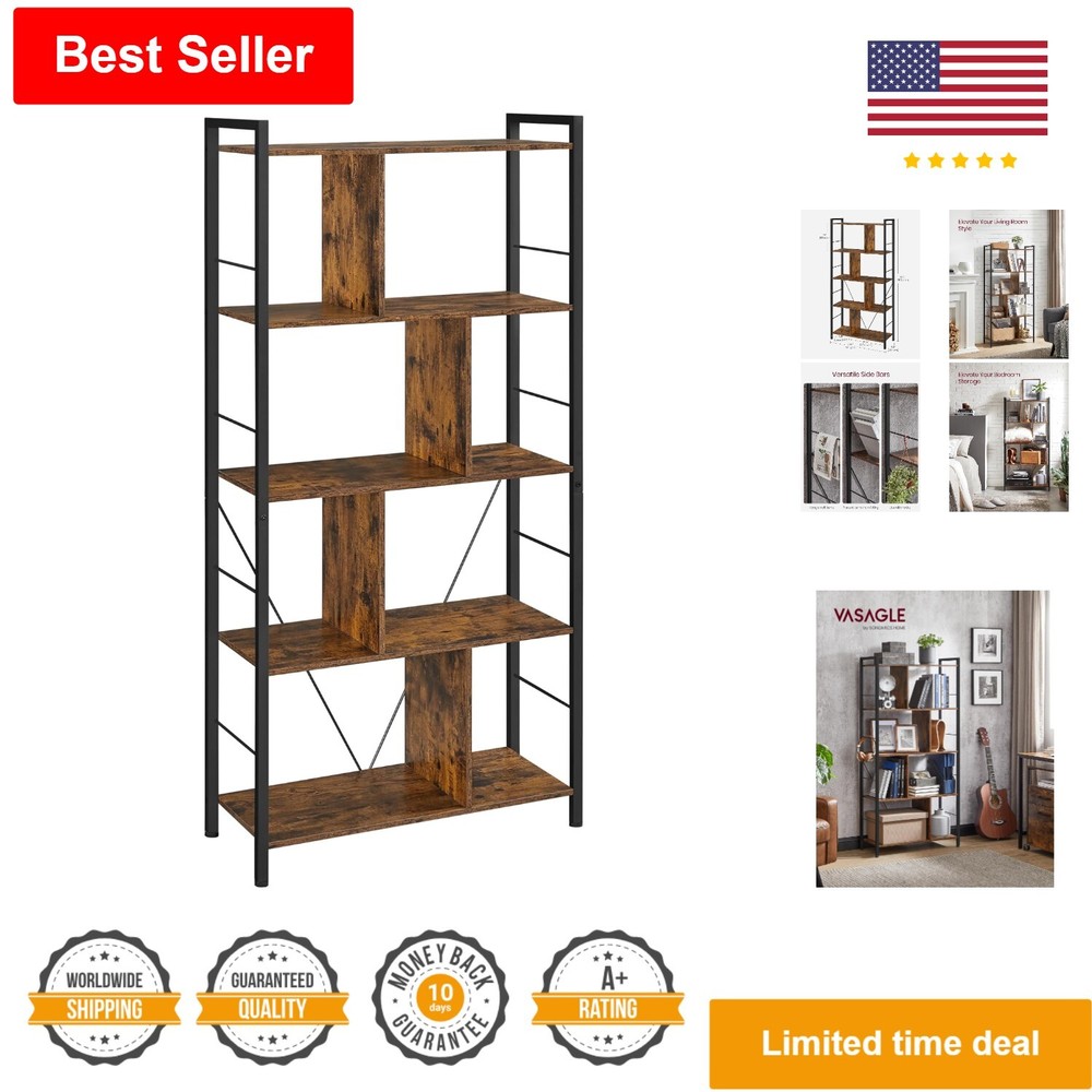 Stylish 5-Tier Rustic Brown Bookshelf with Black Metal Frame