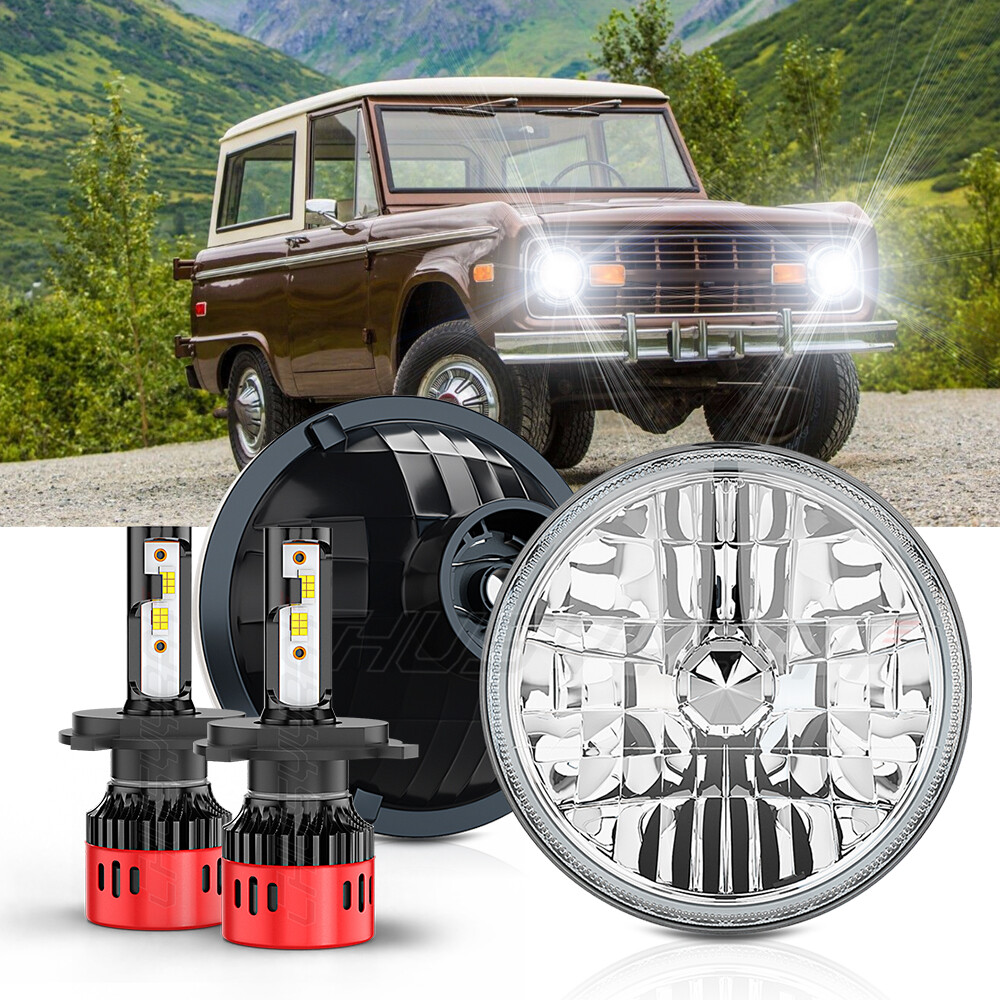 Pair 7 inch Round Hi/Lo Beam LED Headlights Chrome for 1966-1978 Ford Bronco