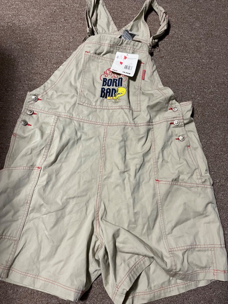 NWT Tweety Bird Overalls Khaki Shorts Sz XL Short Overalls Looney Tunes 18/20W