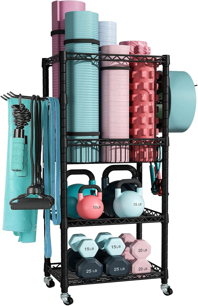 S1 Home Gym Storage, 3-Tier Workout Equipment Organizer with Wheels for Yoga Mat