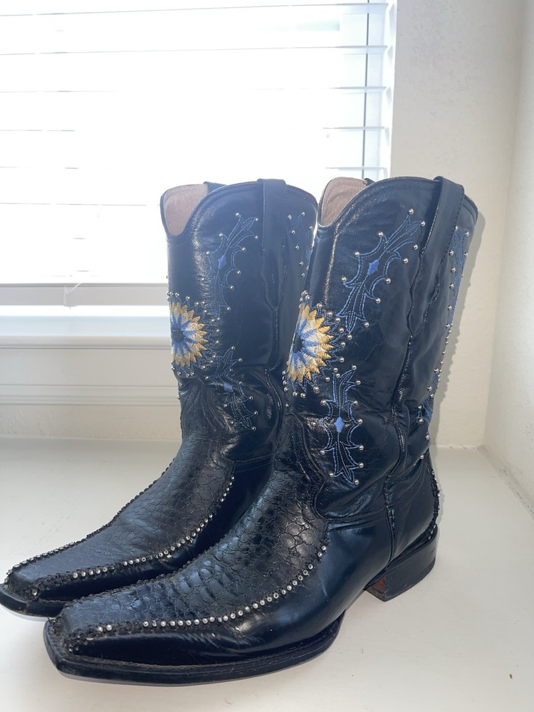 Hand Embroidered Studded Black Leather Cowboy Boots for Men Size 9