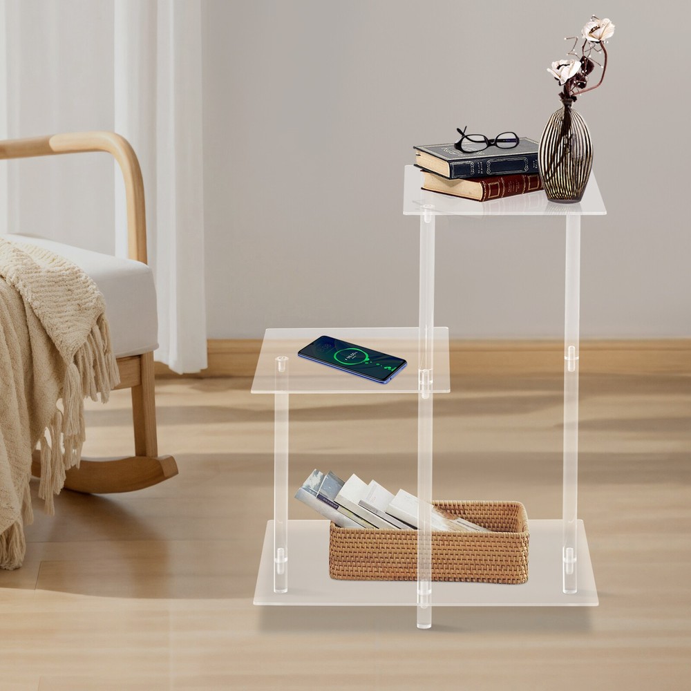 3-Tier Clear Square Side Table with Open Storage Shelf
