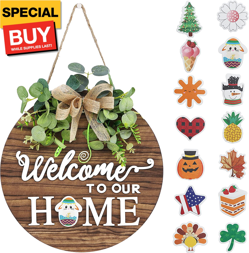 Interchangeable Seasonal Welcome Sign Front Door Decoration, Rustic round Wood W-image