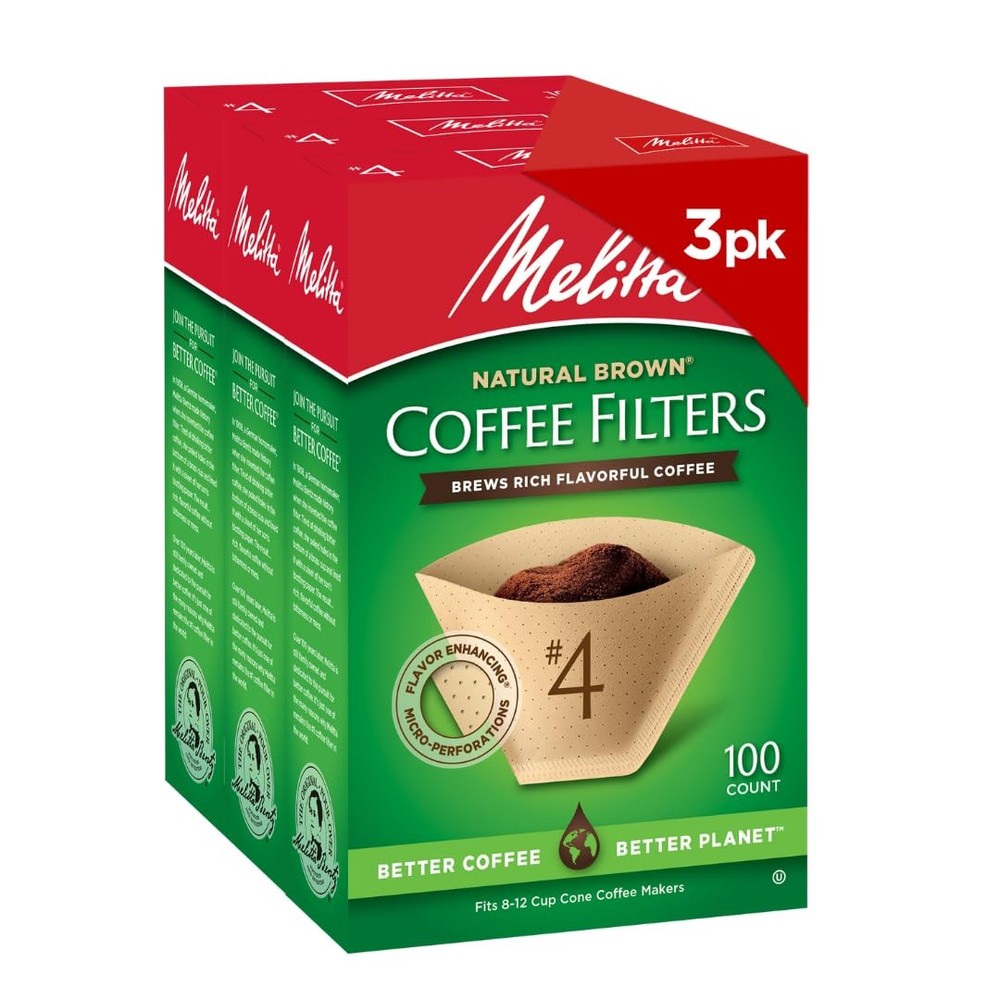 Melitta #4 Cone Coffee Filters, Unbleached Natural Brown, 100 Count (Pack of 3),