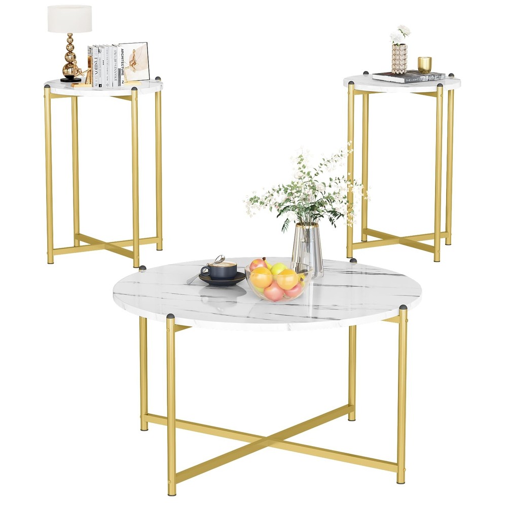 AWQM Faux Marble Coffee Table Set of 3 1 Coffee Table 2 Sofa Table Round Tablet