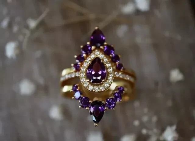 2Ct Pear-Cut Simulated Amethyst Trio Ring Set in 14K Gold Plated