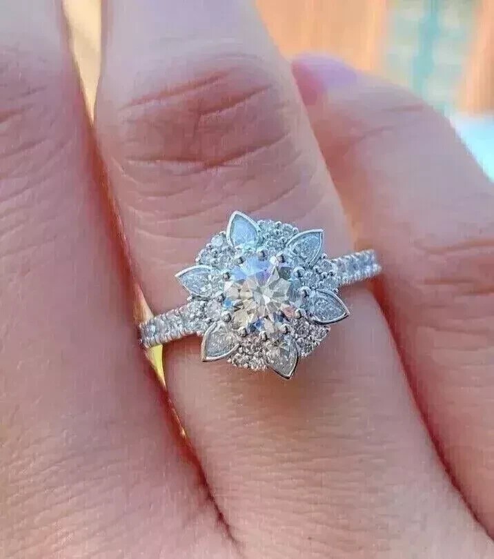 14K White Gold Plated In Round Cut Simulated Diamond Women's Flower Shape Ring