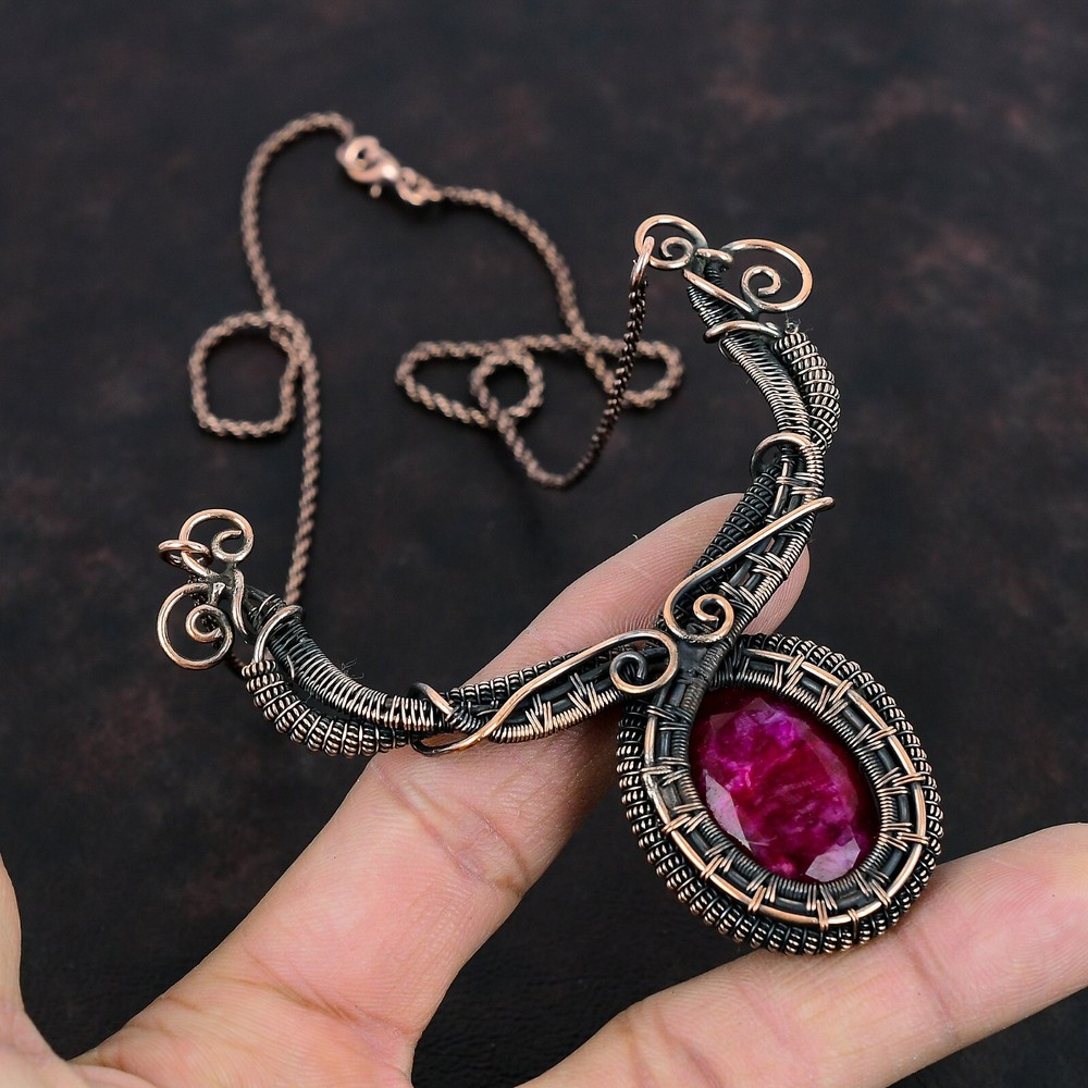 Mom's Day Deal Handmade Kashmir Rubi Wire Wrapped Copper Chain Necklace-image