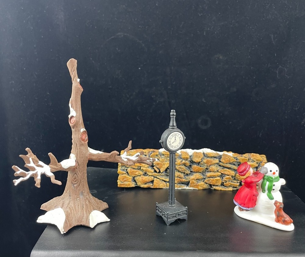 Dept 56 Village Set of 4 Stone Wall Tree Snowman Child Street Clock Winter Display