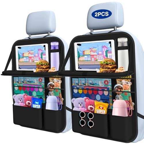 2-Pack Black Car Backseat Organizer with Table Tray & Food Tray