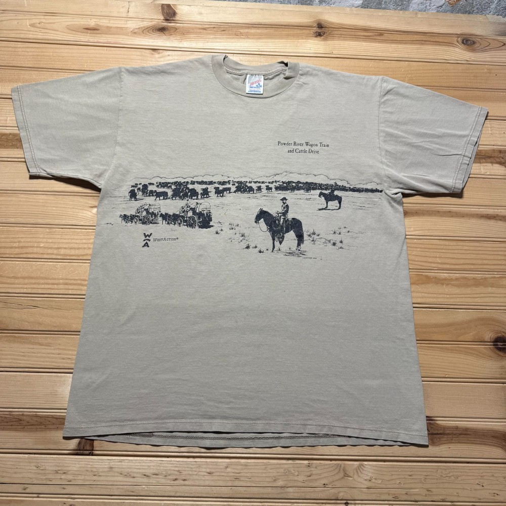 Vintage 90s West Action Powder River Wagon Train Cattle Drive T-Shirt USA - XL