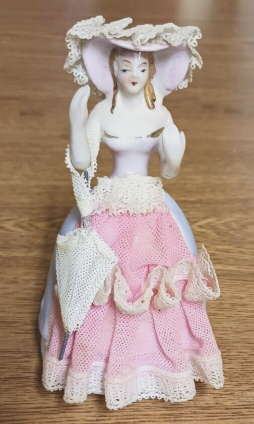 Vintage Miniature Umbrella Figurine with Real Lace in Gone With the Wind Style