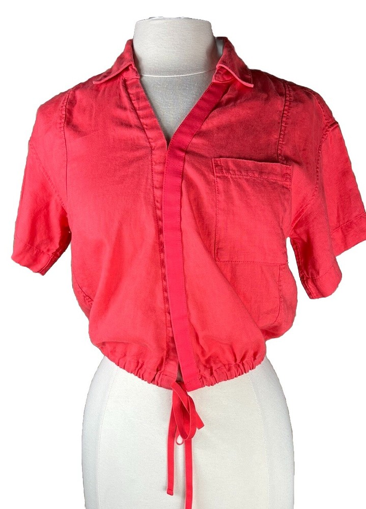 Athleta (Sz XS) Playa Tie Top Coral 100% Linen Short Sleeve Crop Top Blouse Top