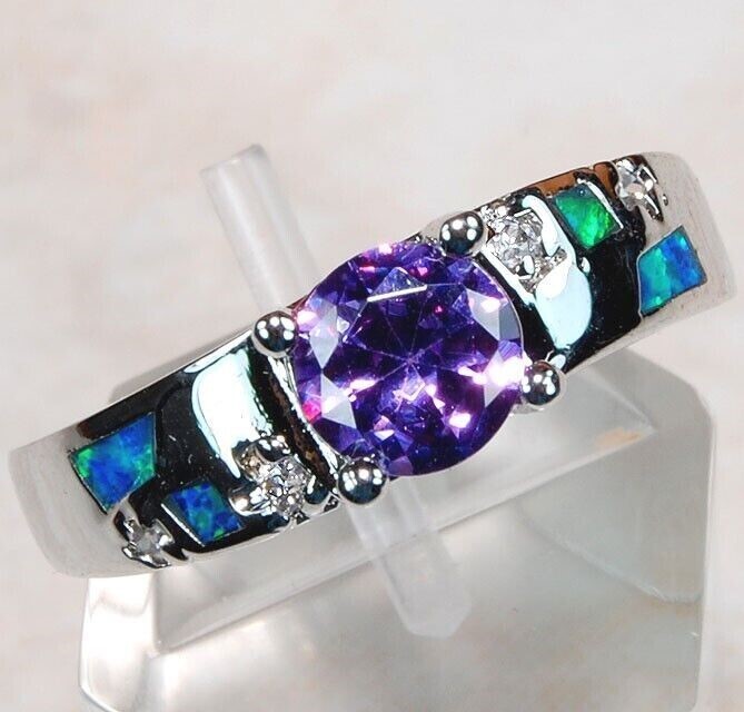 1CT Amethyst & Australian Opal 925 Sterling Silver Ring Size 8