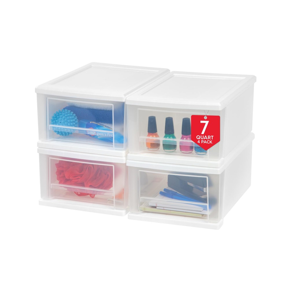 USA 7 Qt. Plastic Drawer Storage Organizer Stacking Drawers, 4-Pack, Stackabl...