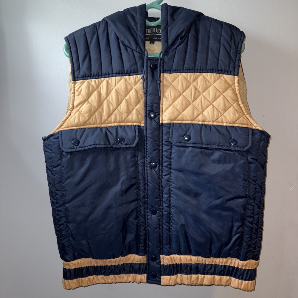 Vintage 70/80's Retro Colorblock Men's LG Puffer Ski Quilted Snap Vest w/ Hood