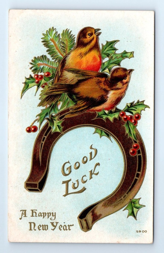 Happy New Year Birds Good Luck Horseshoe Holly Embossed Gold Gilt Postcard c1910-image