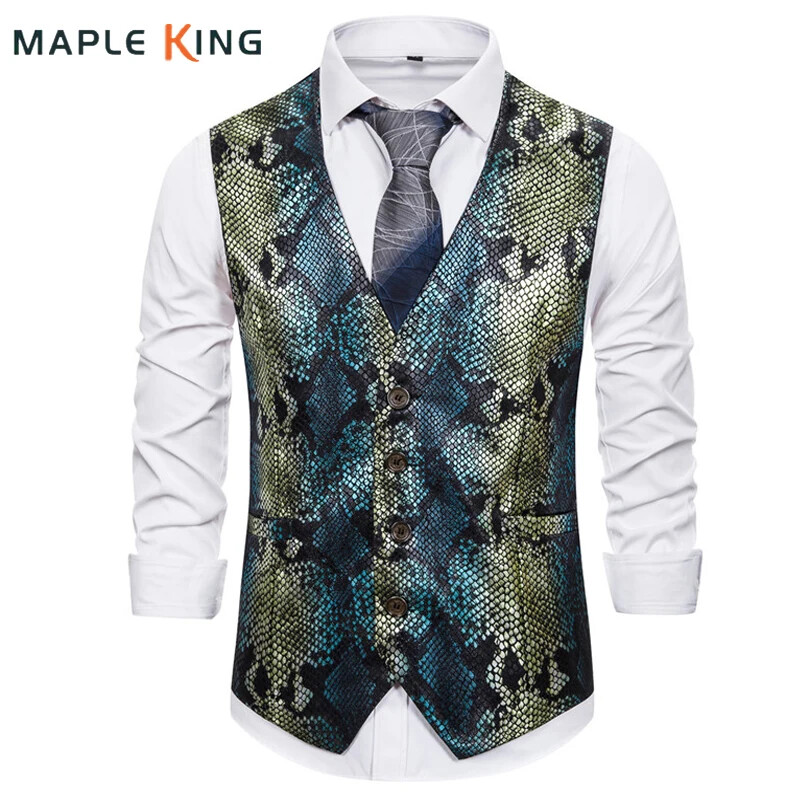 Men's Slim Fish Scale Print Waistcoat Gradient Formal Blazer