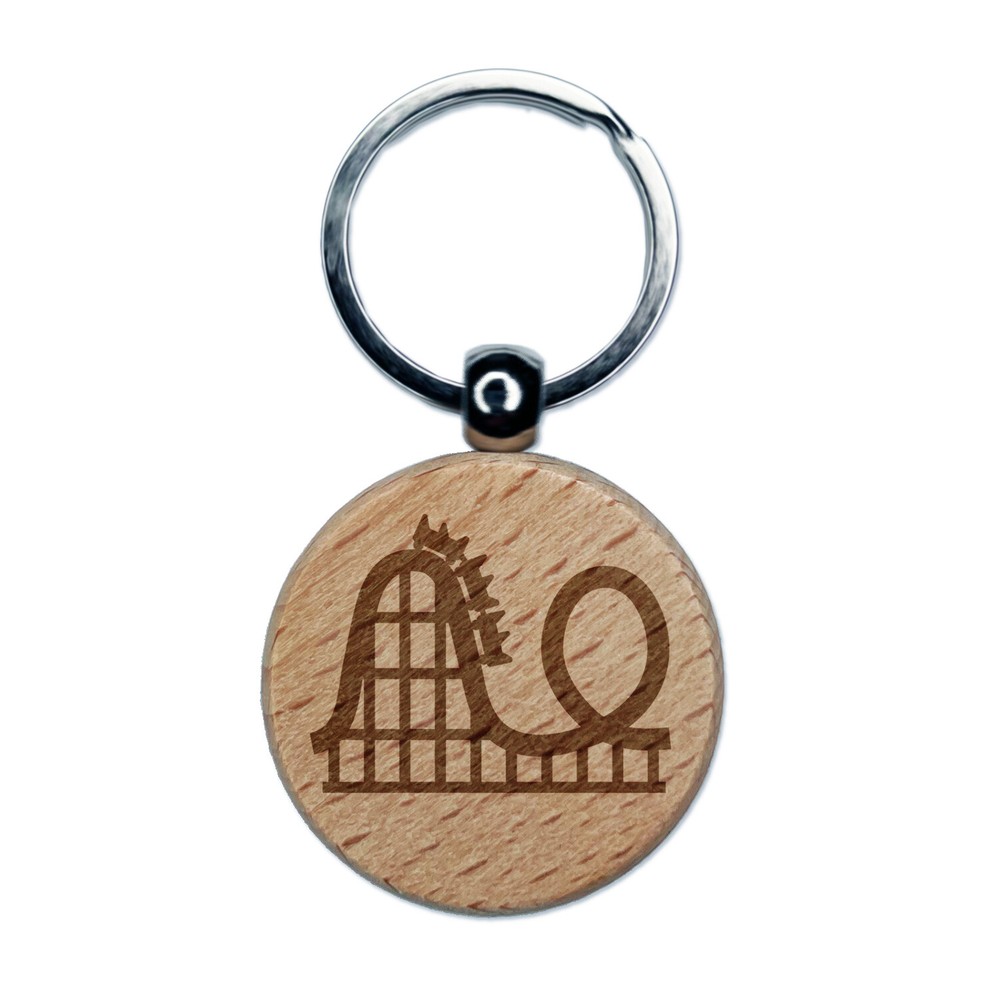 Roller Coaster Amusement Park Engraved Wood Round Keychain Tag Charm