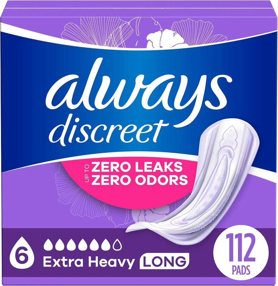 Always Discreet Incontinence Pads for Women, Extra Heavy Long, 112 Count