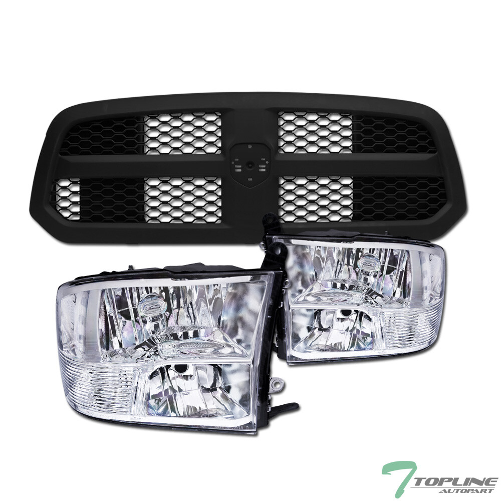Topline For 13-18 Ram 1500 Chrome Quad Headlights nb+Matte Honeycomb Mesh Grille