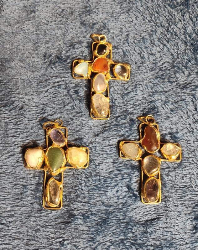 Lot of 3 Handmade Gold Tone & Crystals Cristian Cross Necklace Pendant 2.5