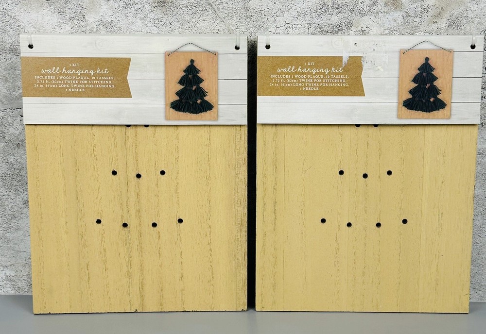 Pine Tree Wall Hanging Kit with Wood Plaque Twine Tassels and Needle Set of 2
