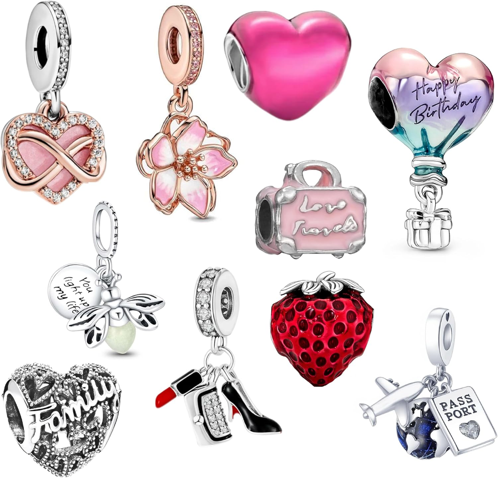 10 Pack 925 Sterling Silver Charms Set for Bracelets, Unique Charms, Fits CZ Pen