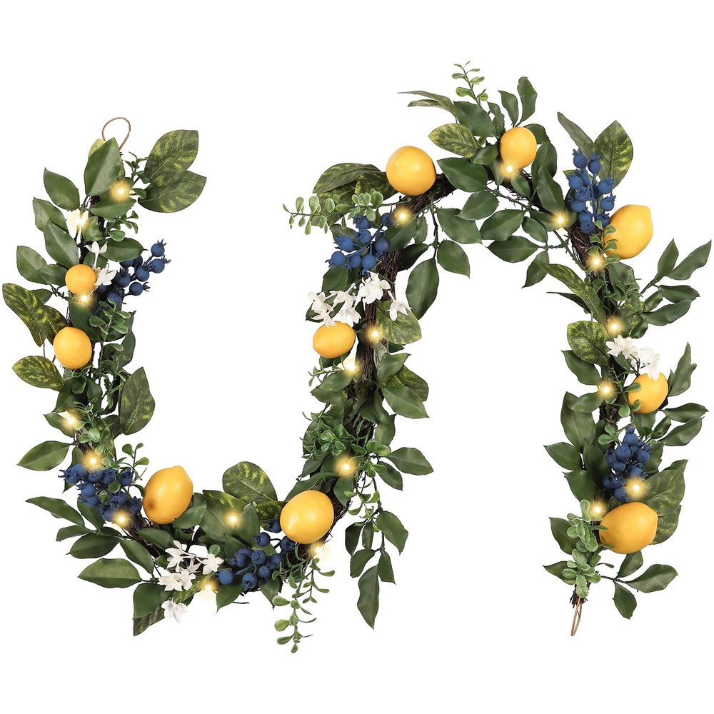 6FT Summer Lemon Garland with Lights for Mantle - Fake Fruit Eucalyptus Decor