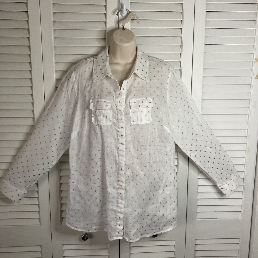Charter Club Linen White with Gold Polka Dots Long Sleeve Blouse 0X