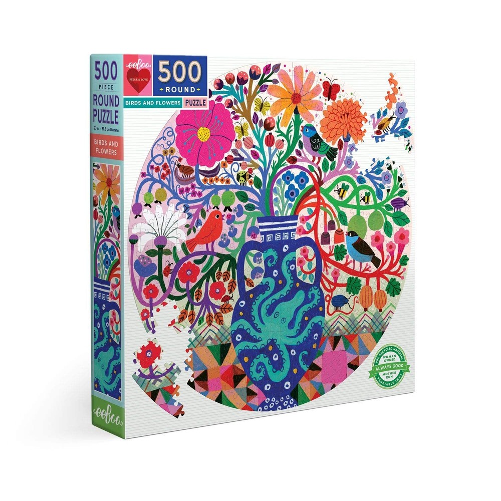eeBoo Piece and Love Birds and Flowers 500 Piece Round Adult Jigsaw Puzzle Pu...