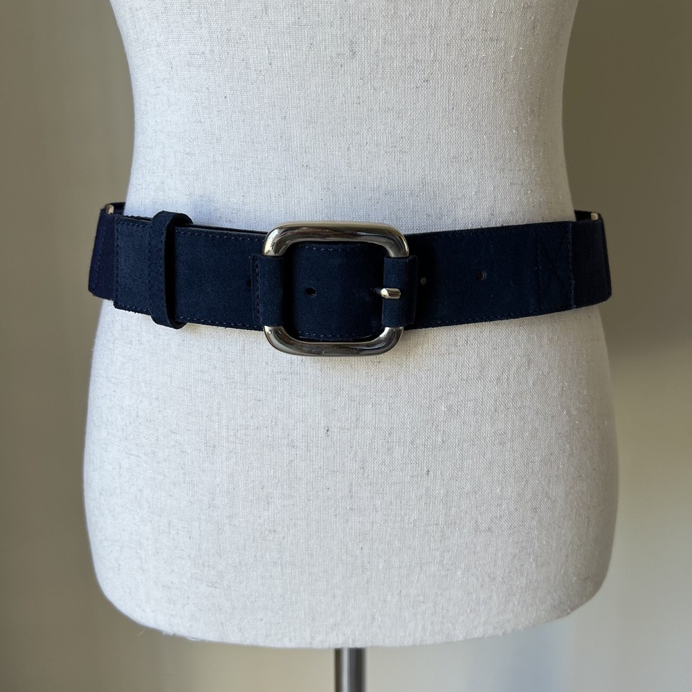 Worth New York Womens Genuine Leather Belt Sz L Navy Silver Modern Career Italy