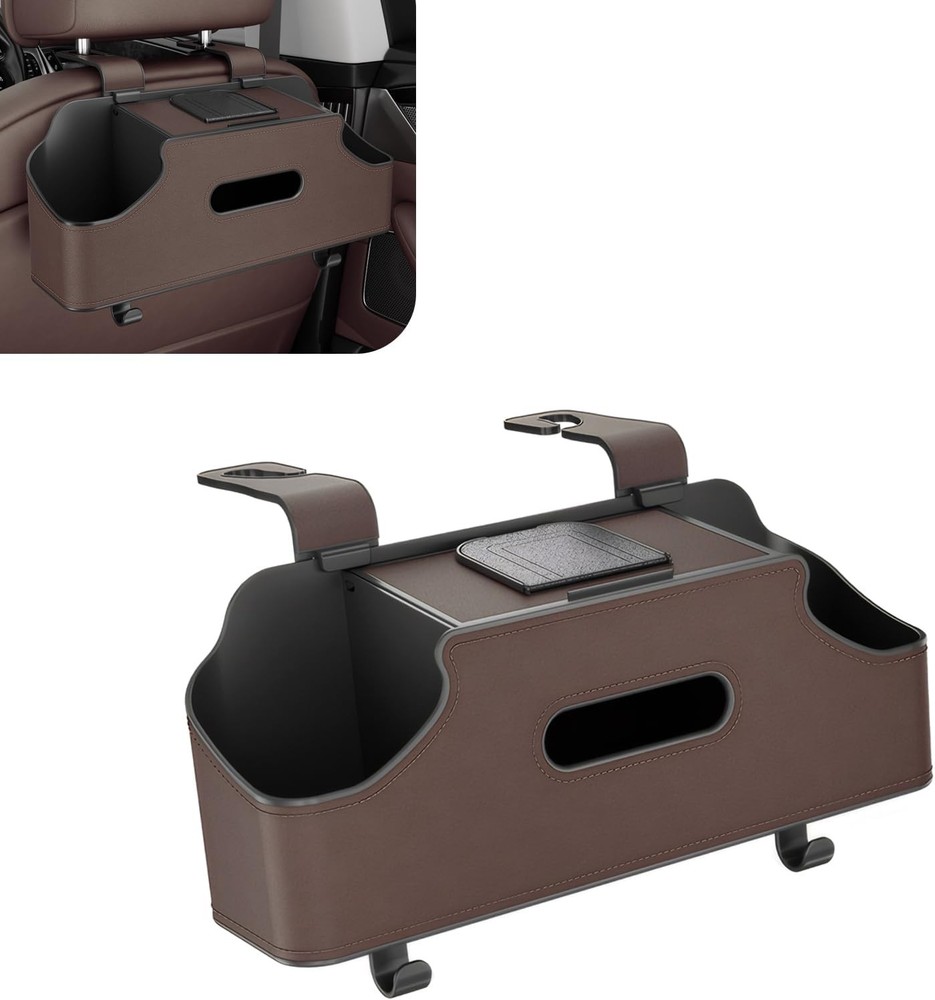 1 PC Car Seat Back Organizer, Multi-Function Storage Box with 2 Drink-Brown