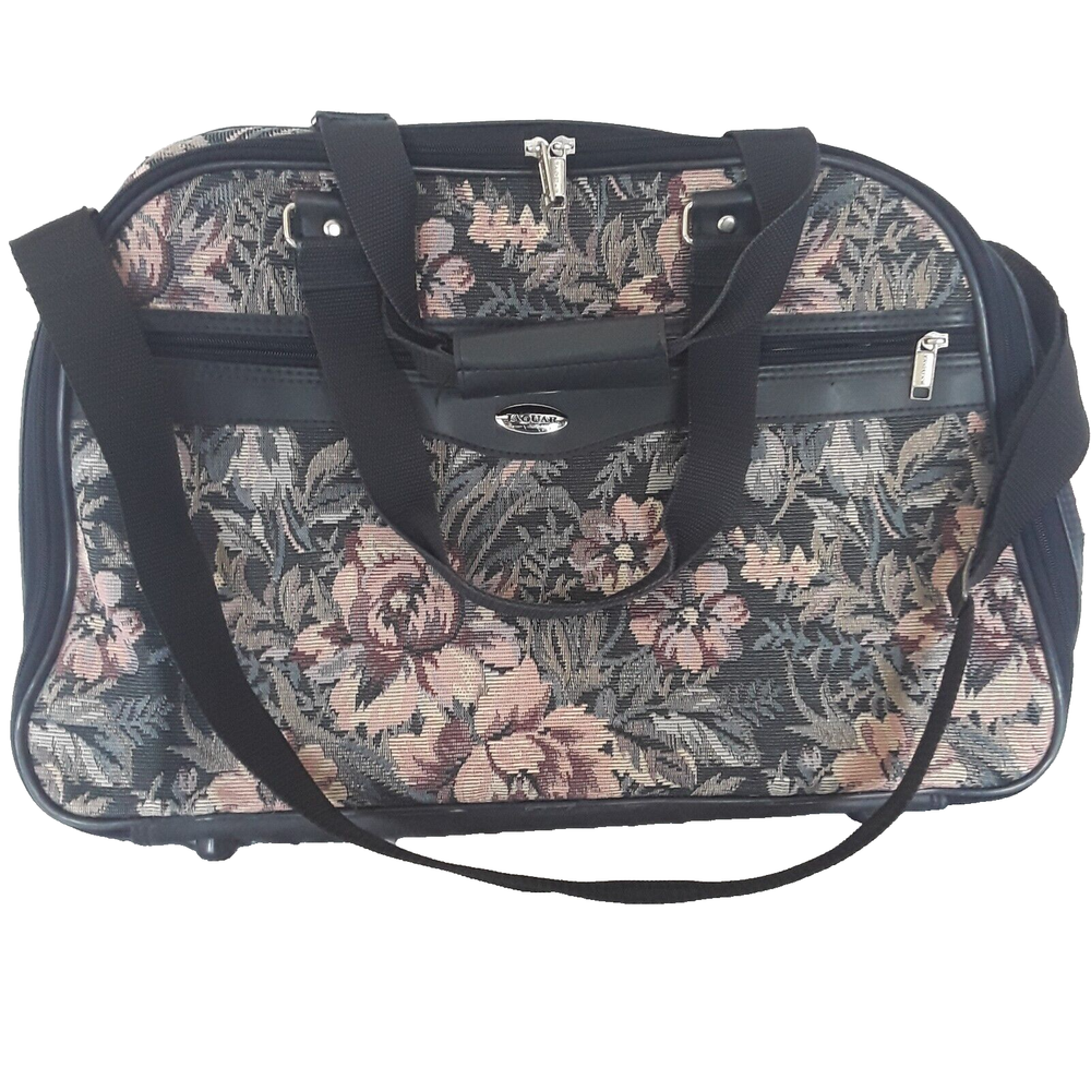 Vintage Jaguar Navy Floral Tapestry Duffel Bag Carry On Luggage