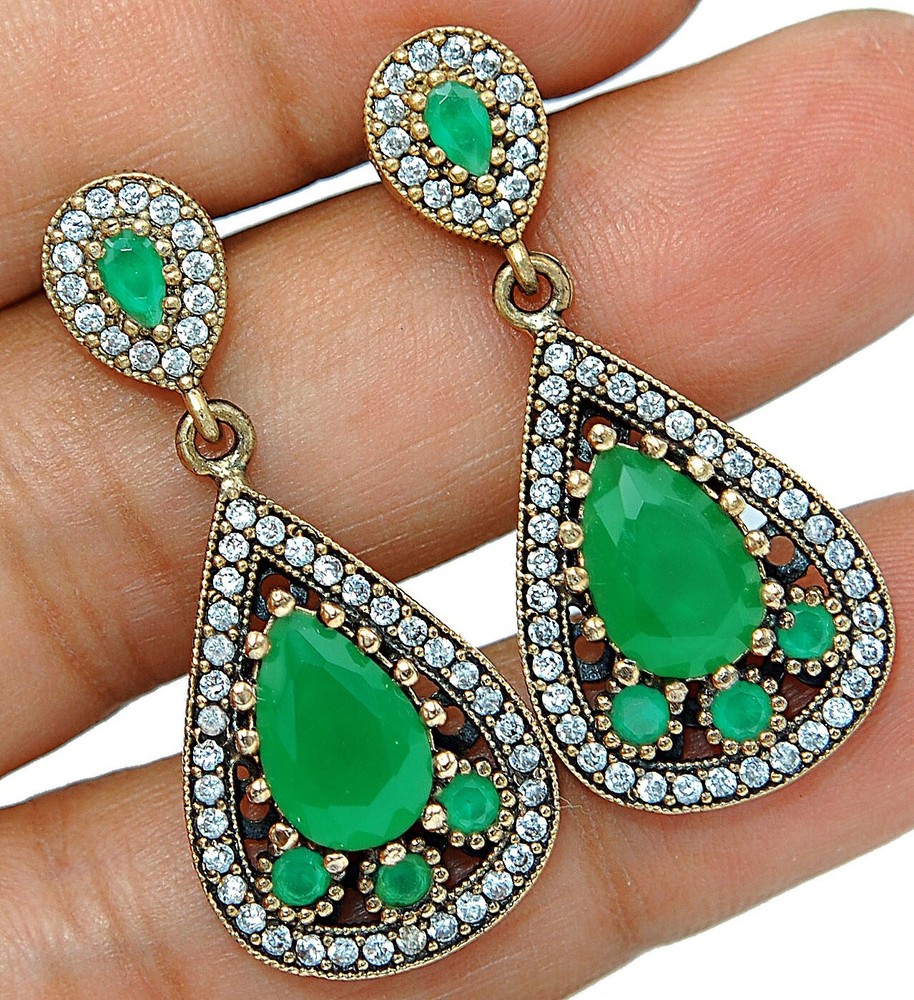 Ottoman Empire Inspired 12CT Treated Emerald 925 Sterling Silver Earrings AB1528
