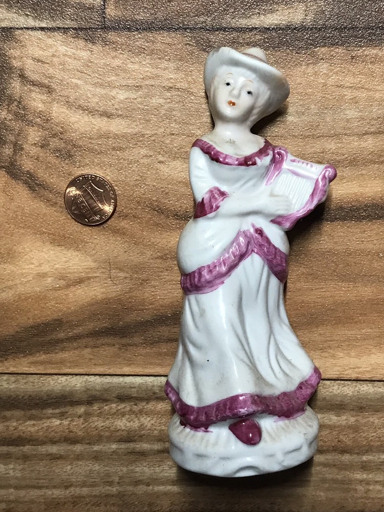 Vintage Lady Woman With Harp Off-White Porcelain Figurine Statue Hat Pink