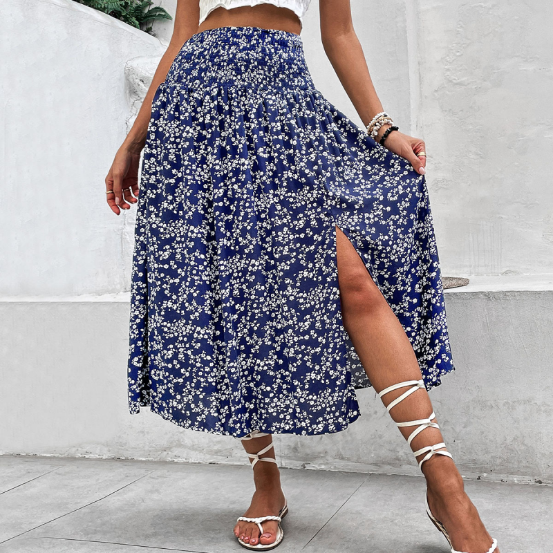 Women's Half Skirt Summer New Mid Length Blue Split Floral Print Half Skirt