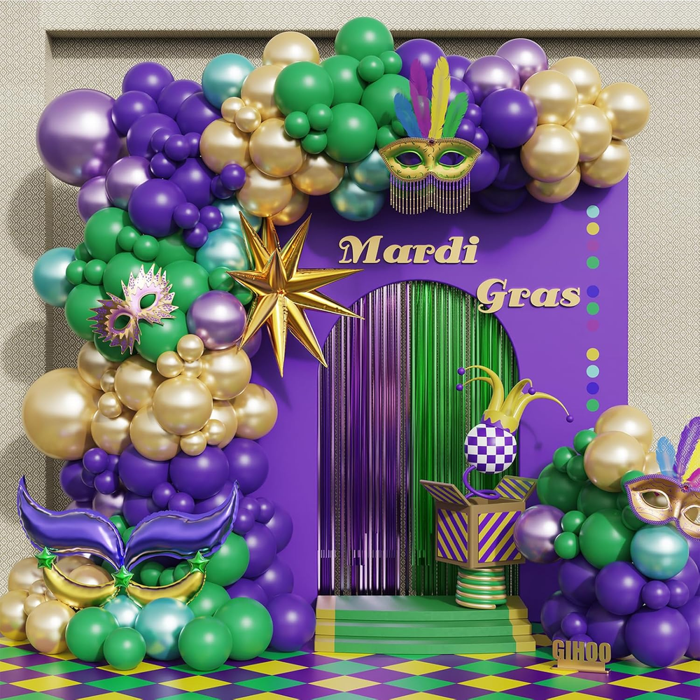 Mardi Gras Balloon Garland Arch Kit 170Pcs Purple Green and Gold Balloons with M