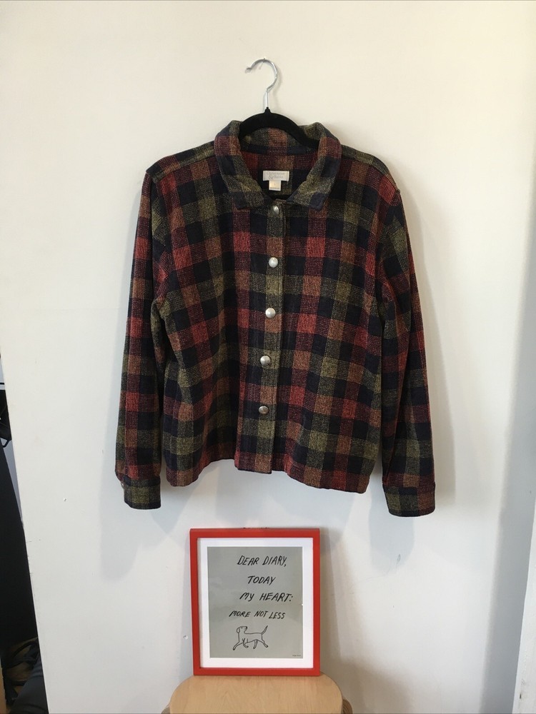 Flannel Plaid Jacket Metal Buttons Stretch L