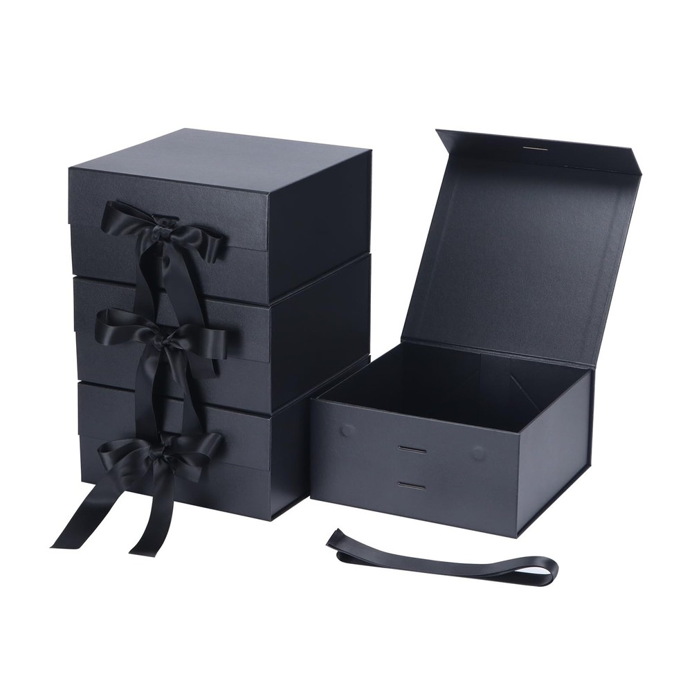 4 Pack 8x8x4 Inch Black Gift Boxes with Magnetic Closure Lids